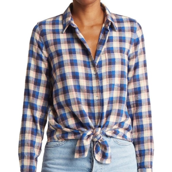 26.Madewell Plaid Flannel Tie-Front Shirt in Blue Shadow, Size Medium, NWOT - Picture 3 of 17